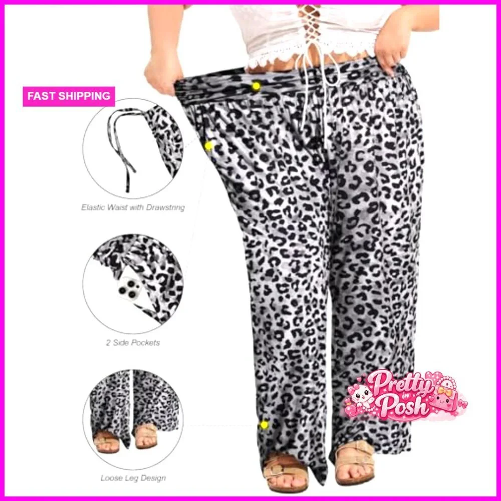 Polyester Wide Leg Palazzo Pants with Elastic Waist and Pockets